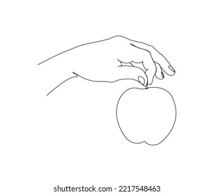 Continuous one line drawing of hand holding apple fruit. Minimalist apple fruit on hand line art vector design.