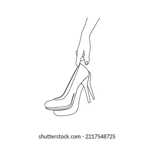 Continuous one line drawing of hand holding female highheels shoes. Elegant women stiletto heels line art drawing vector design.