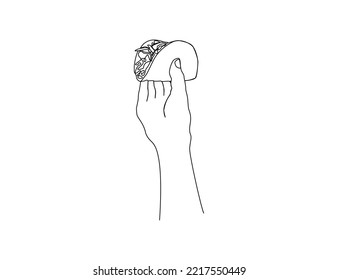 Continuous one line drawing of hand holding mexican tacos. Street junk food, mexican meal line art drawing vector illustration. 