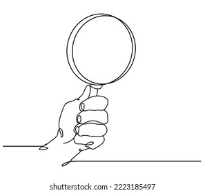 Continuous one line drawing of hand holding magnifying glass isolated on white background, Hand drawn single line vector illustration