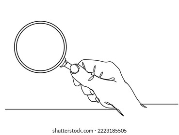 Continuous one line drawing of hand holding magnifying glass isolated on white background, Hand drawn single line vector illustration