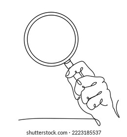 Continuous one line drawing of hand holding magnifying glass isolated on white background, Hand drawn single line vector illustration