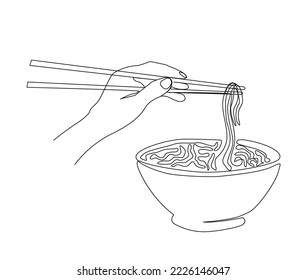 Continuous one line drawing of hand holding mie or asian noodle in the bowl. Ramen single line art drawing vector illustration.