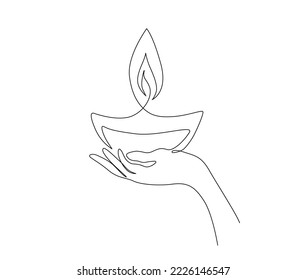 Continuous one line drawing hand holding diya lamp light for Diwali celebration  Deepavali oil lamp line art vector design 