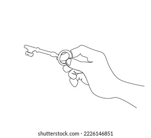 Continuous one line drawing hand holds the keys to the house  House Key simple line art vector design 