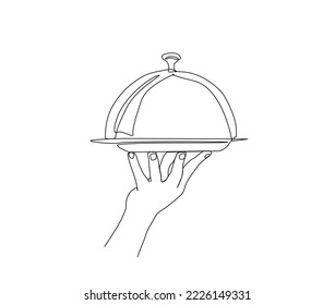 Continuous one line drawing of hand holding silver cloche food cover. Hand holding food tray dome simple line art vector design.