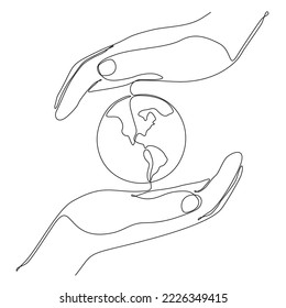 
Continuous one line drawing. hand holding earth globe.