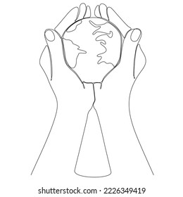 
Dibujo continuo de una línea. mano sujetando el globo terrestre.