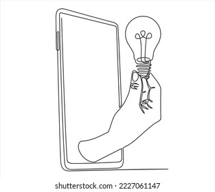 Continuous one line drawing hand holding light bulb symbol idea on screen smart phone. BIG IDEA.