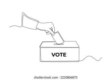 Una línea de dibujo continua colocando papel en las urnas para las elecciones generales regionales o presidenciales. Concepto de votación. Ilustración gráfica vectorial de diseño de líneas simples.