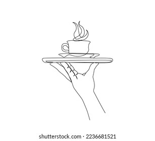 Continuous one line drawing of hand holding a coffe cup using tray. a coffe cup line art vector design.