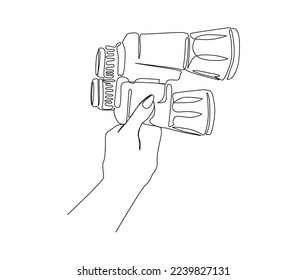 Continuous one line drawing of hand holding Binocular. Binocular single line art vector design. Military concept.