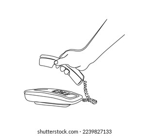 Continuous one line drawing of hand holding Telephone. Vintage Telephone single line art vector design. Communication concept.