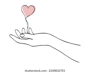 Continuous one line drawing with hand and heart. Hand holding heart. Vector illustration. Black line art on white background. 