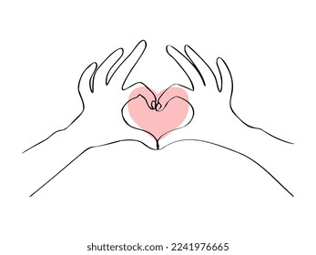 Continuous one line drawing with hand and heart. Two hands making heart. Vector illustration. Black line art on white background. 