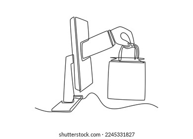 Continuous one line drawing Hand with a shopping bag coming out the computer's screen. Marketing Concept. Single line draw design vector graphic illustration.