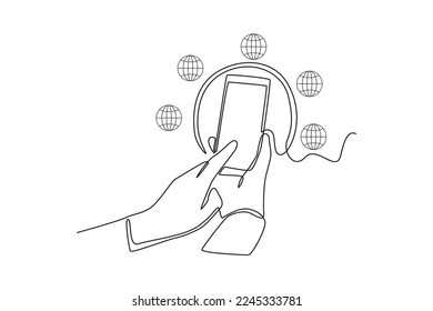 Continuous one line drawing Hand using smartphones to build global network connections. Marketing Concept. Single line draw design vector graphic illustration.