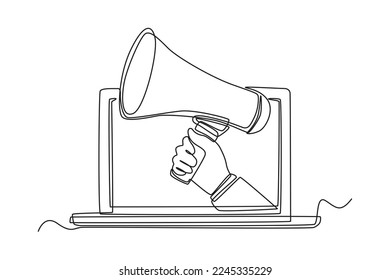 Continuous one line drawing hand holding megaphone coming out from laptop screen. Marketing Concept. Single line draw design vector graphic illustration.