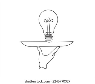 Continuous one line drawing of hand holding dish with idea light bulb, concept of idea presentation. Can used for logo, emblem, slide show and banner.