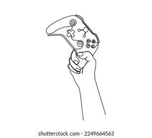 Continuous one line drawing of hand holding game controller. Hand holds Joysticks or Gamepads line art vector illustration. 