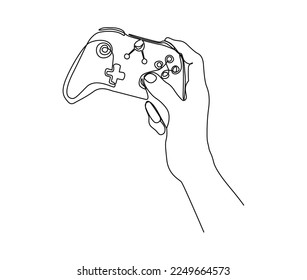 Continuous one line drawing of hand holding game controller. Hand holds Joysticks or Gamepads line art vector illustration. 