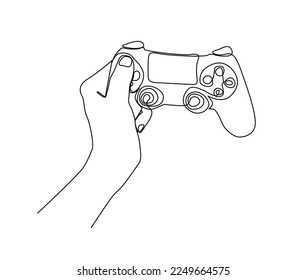 Continuous one line drawing of hand holding game controller. Hand holds Joysticks or Gamepads line art vector illustration. 