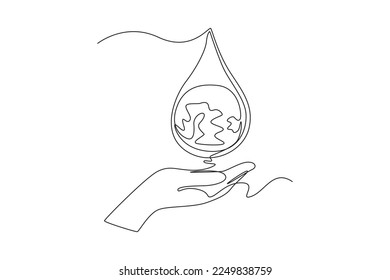 Continuous one line drawing hand catches a drop of earth water. World water day concept. Single line draw design vector graphic illustration.