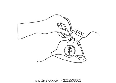 Continuous one line drawing hand hold bag of money dollar icon. Budget planning concept. Single line draw design vector graphic illustration.