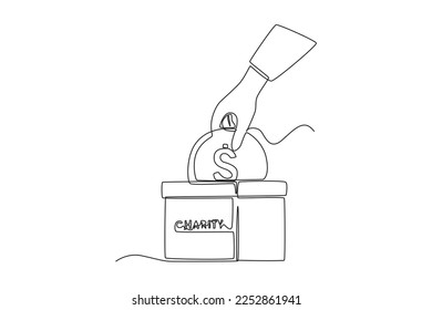 La mano de dibujo de una línea continua pone moneda en caridad de caja en el mes de Ramadán. Concepto de actividad de Ramadán. Ilustración gráfica vectorial de diseño de líneas simples.
