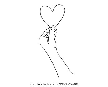 Continuous one line drawing of hand holding heart. Vector illustration.