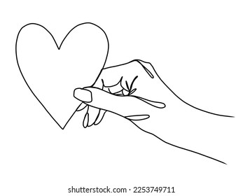 Continuous one line drawing of hand holding heart. Vector illustration.