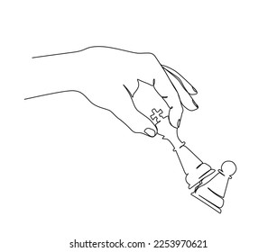 Continuous one line drawing of hand holding chess king and pawn. simple chess king versus pawn on hand  line art vector illustration.