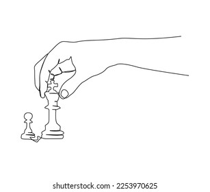 Continuous one line drawing of hand holding chess king and pawn. simple chess king versus pawn on hand  line art vector illustration.