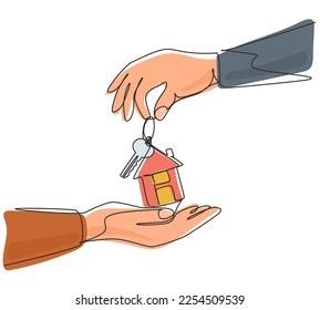 Continuous one line drawing hand giving house keys to customer. Businessman in suit giving house key. Mortgage, credit or buying property concept. Single line draw design vector graphic illustration