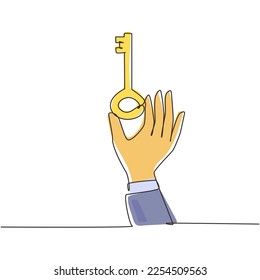 Continuous one line drawing hand holding vintage key. Key takeaways design. Hand with an old key. Retro style unlock icon. Classic engraving stylized drawing. Single line draw design vector graphic
