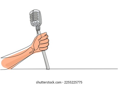 Continuous one line drawing hand with a retro microphone. Vintage engraving stylized drawing. Karaoke man sings the song to old style microphone. Single line draw design vector graphic illustration