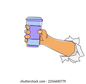 Continuous one line drawing hand holding disposable paper black coffee cup through torn white paper. Energy boost, hot drink in take-away package. Single line draw design vector graphic illustration