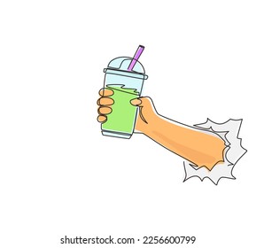 Continuous one line drawing hand holding plastic cup of famous Taiwanese bubble tea through torn white paper. Take away glass with pearl milk tea. Single line draw design vector graphic illustration