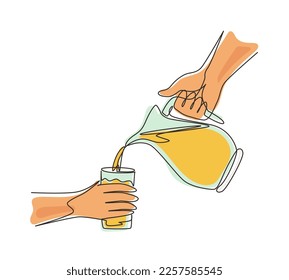 Continuous one line drawing hand pouring orange juice from jug with ice into glass. Splashing and pouring fresh orange juice in glass from pitcher. Single line draw design vector graphic illustration