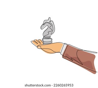Continuous one line drawing hand holding knight chess figure. Business strategy management. Partnership offer. Sport, competition, competitive, strategic move. Single line draw design vector graphic