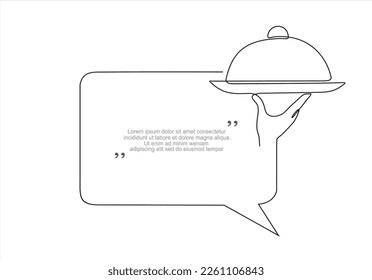 Continuous one line drawing of hand holds a tray and speech bubble. Trendy line art vector on a white background. Vector illustration.