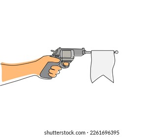 Continuous one line drawing hand holding shooting toy gun pistol with empty flag. Weapon pistol toy isolated. Element of joke surprise day icon. Single line draw design vector graphic illustration