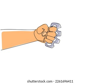Mano de dibujo continua de una línea con manguitos de latón. Vintage retro leñador de latón criminal arma de nudillo. Se puede usar como emblema, logo, placa. ilustración vectorial de diseño de línea única