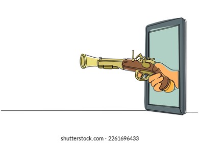 Mano de dibujo continua de una línea sosteniendo una vieja pistola de candado a través del teléfono móvil. Concepto de videojuegos piratas, e-sport, aplicación de entretenimiento para smartphones. Vector de diseño de tracción de línea única
