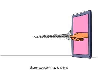 Dibujo continuo de una línea con keris de mano a través del teléfono móvil. Concepto de lucha contra videojuegos, e-sport, aplicación de entretenimiento para smartphones. Ilustración vectorial de diseño de líneas simples