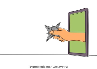La mano de dibujo de una línea continua sujeta la hoja shuriken a través del teléfono móvil. Concepto de videojuegos ninja, e-sport, aplicación de entretenimiento para smartphones. Gráfico vectorial de diseño de trazos de línea única