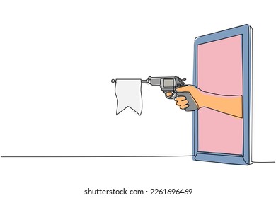 Continuous one line drawing hand holding toy gun pistol with empty flag through mobile phone. Concept of video games, e-sport, entertainment application for smartphones. Single line draw design vector