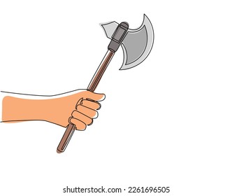 Mano de trazo de una línea continua sosteniendo el hacha de batalla con mango. Cera Broad, hacha verdugo, hacha medieval. Clases de combate animación de armas, videojuegos. Ilustración vectorial de diseño de líneas simples