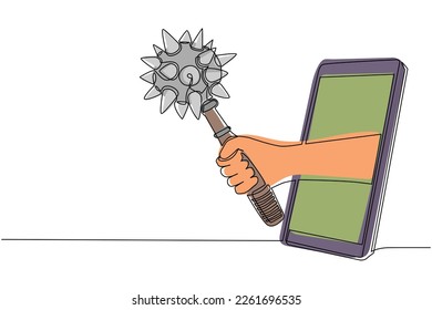Continuous one line drawing hand holding mace weapon medieval through mobile phone. Concept of video games, e-sport, entertainment application for smartphones. Single line draw design vector graphic