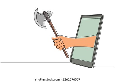 Continuous one line drawing hand holding battle axe through mobile phone. Concept of video games, e-sport, entertainment application for smartphone. Single line draw design vector graphic illustration
